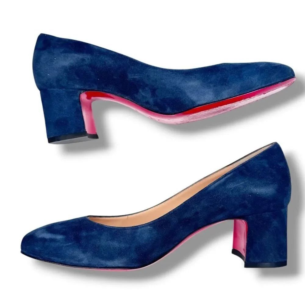 Christian Louboutin Donna Stud 55 Veau Velours Blue Suede Block Heel Pump 38.5 - Picture 5 of 9